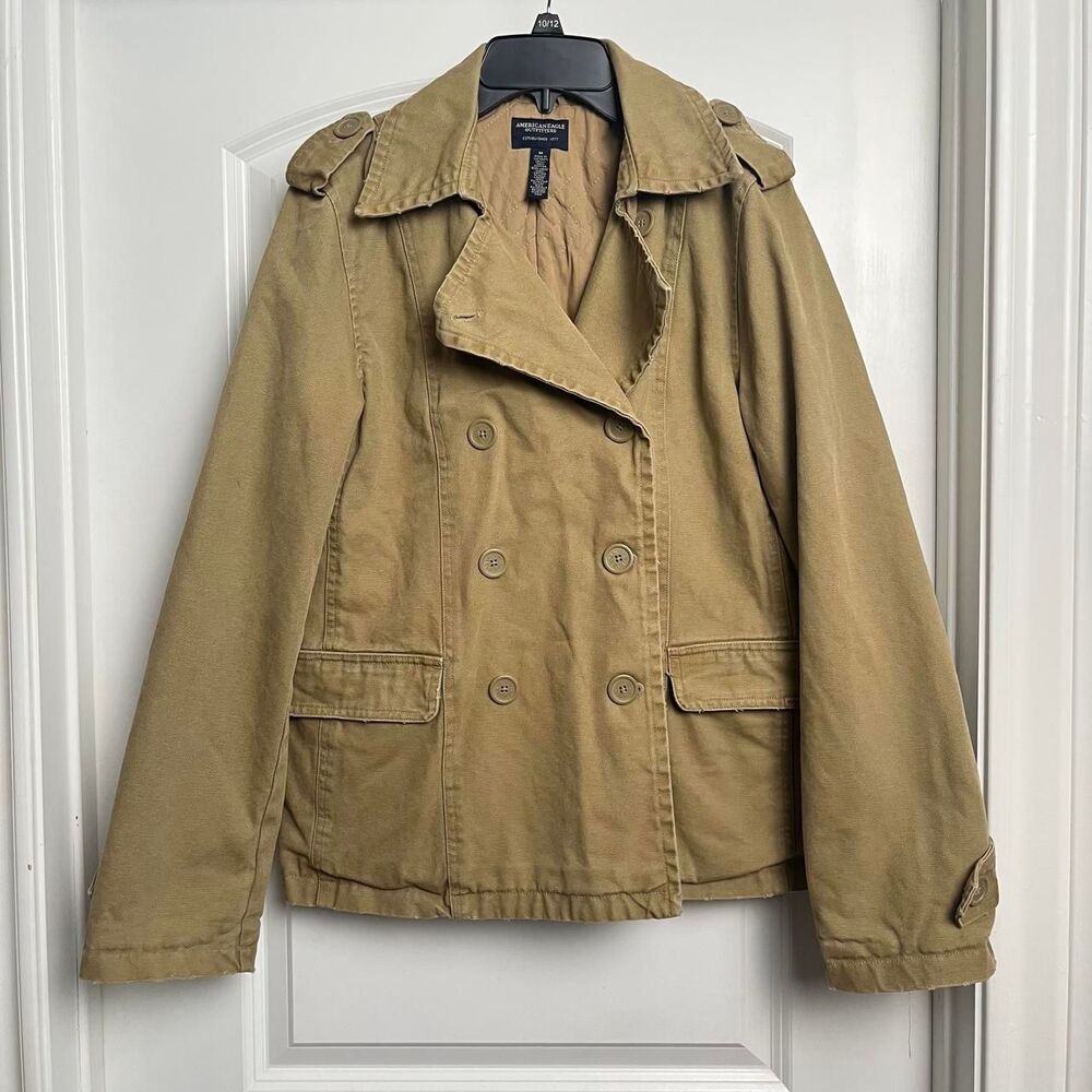 VTG American Eagle Double Breasted Canvas Pea Coat Khaki Tan Women's M